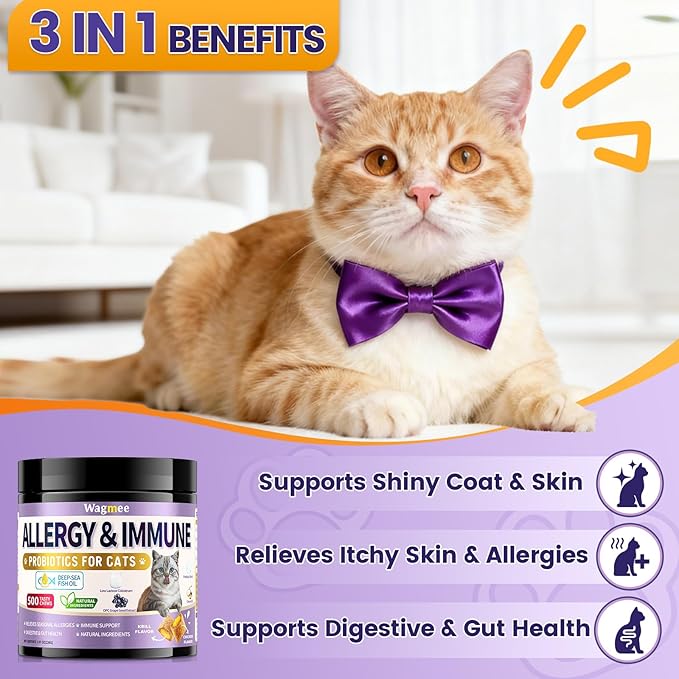 Cat Allergy Relief for Cats with Probiotics & Fish Oil - 500 Crunchy & Creamy Chews for Itchy Skin, Seasonal Allergies, Immune, Skin & Coat Support - with Omega 3 for All Breeds & Ages - Krill Flavor