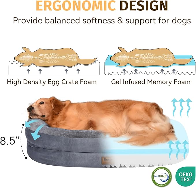 Orthopedic Washable Large Dog Bed: Cooling Dog Bed with Bolsters - Jumbo Bed Waterproof Removable Cover Non-Slip Pet Bed for Jumbo Large Sized