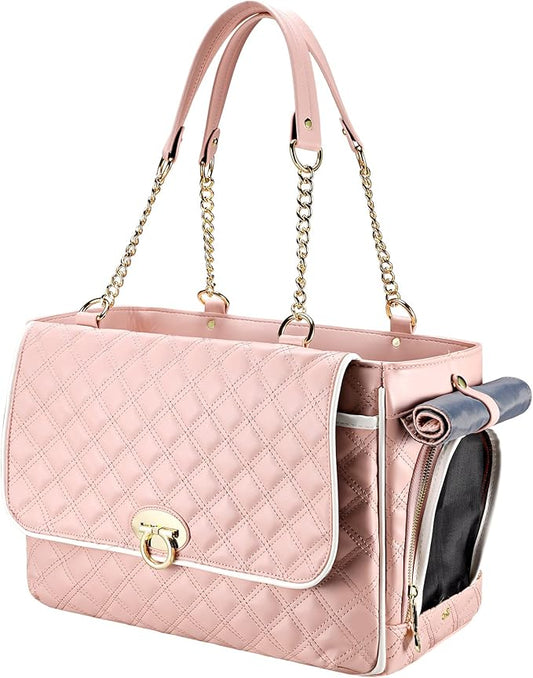 Fashion Dog Purse Carrier for Small Dogs with 2 Super-Large Pockets, Holds Up to 10lbs PU Leather Pet, Cat Carrier, Airline Approved Puppy Purse for Travel (Pink, Small Size)