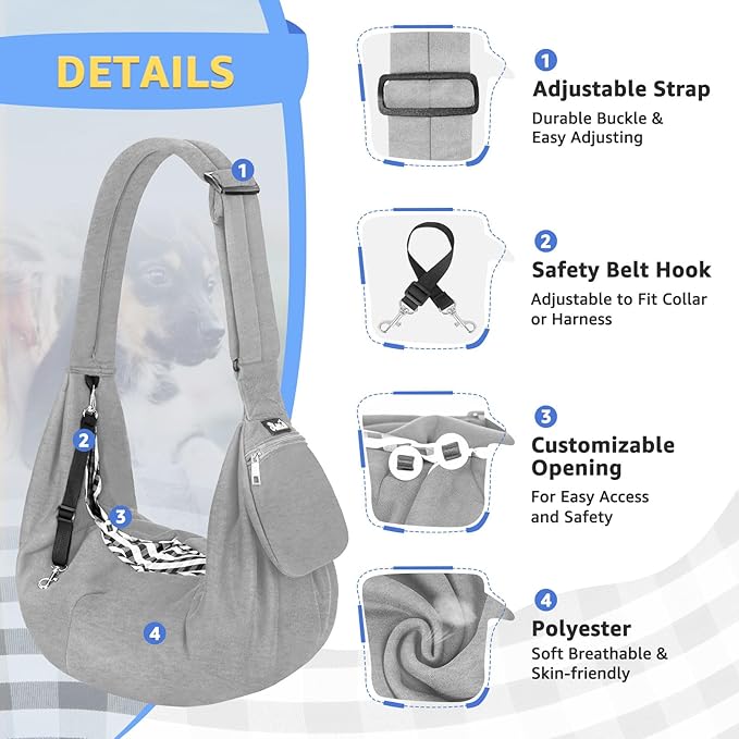 SlowTon Dog Carrier Sling - Thick Padded Shoulder Strap Adjustable Dog Carriers for Small Dogs, Puppy Carrier Purse for Pet Cat with Front Zipper Pocket Safety Belt Machine Washable (Light Gray, M)