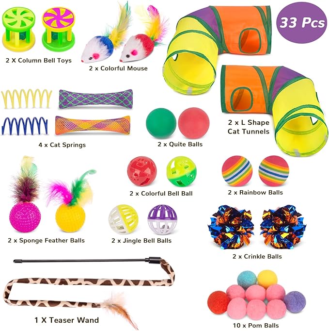 Retro Shaw Cat Toys Pack with Tunnels, Interactive Kitten Toys for Indoor Cats Kitty, Kitten Tube Tent Feather Wand Teaser Bell Fuzzy Ball Crinkly Springs Mouse (33 Pcs Large Cat Tunnel Toys Set)