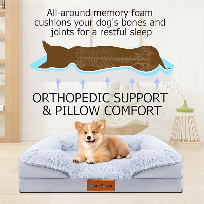 Orthopedic Dog Bed with Memory Foam - Luxurious Plush Surface, Removable & Washable Cover, Non-Slip Bottom, Dog Sizes (X-Large)