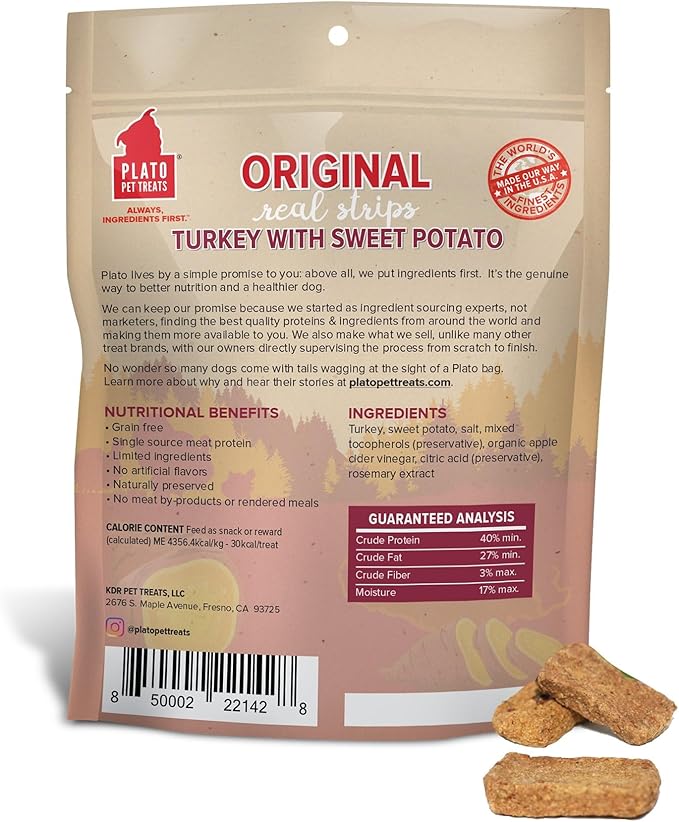 Plato Original Real Strips Turkey & Sweet Potato 6oz, Natural (850002221428)
