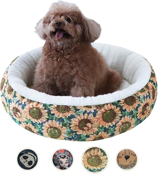 Circular Calming Dog & Cat Bed Anti-Anxiety Washable with Anti Slip Backing Donut Cuddler with Cute Jacquard Patterns for Cat and Small Puppy (Small-23in, Sunflower)