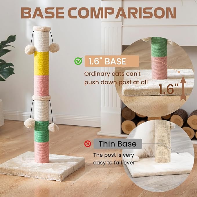 LUCKITTY 30 Inch High Cat Scratching Post with 4 Plush Teasing Toy Balls, Natural Sisal Rope Post and Thickened Base, Red Green Yellow White