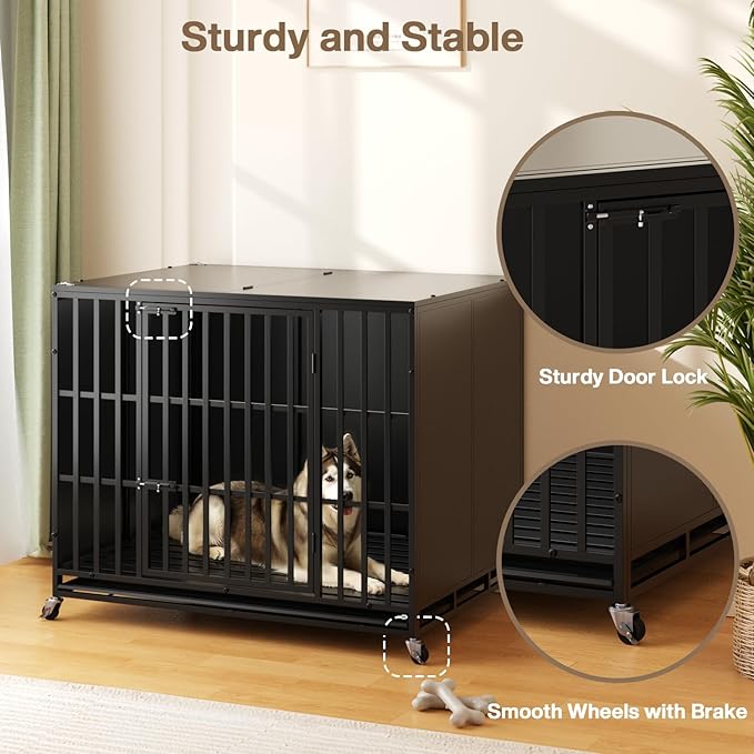 LEMBERI 48/42 inch Heavy Duty Indestructible Dog Crate, High Anxiety Extra Large Dog Cage for Large Dogs, XL Steel Escape Proof Dog Kennel with Wheels and Removable Tray
