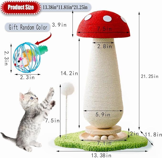 WLHYHHCute Mushroom Shaped Cat Scratching Post - Cat Toy with Ball Lane and Spring-Loaded Pom Poms - 21.25 Inch Tall Sisal Cat Scratching Post for Indoor Cats