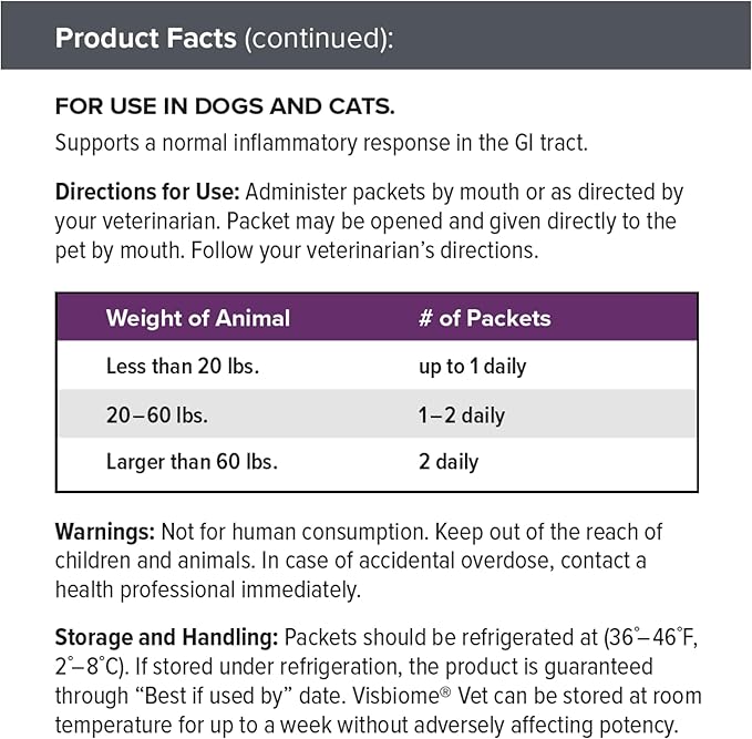Visbiome® Vet Advanced GI Care High Potency Probiotic for Dogs & Cats – 225B CFU, 8-Strain Formula – Refrigerated, Veterinarian Recommended, Clean Label Certified – 60 Packets