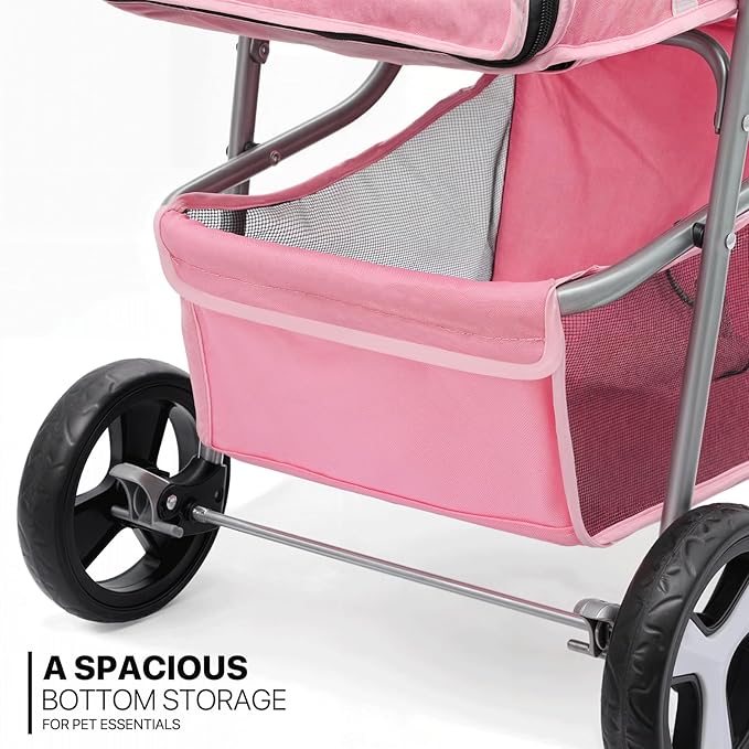 MoNiBloom 3-Wheels Foldable Pet Stroller with Waterproof Cover, Pet Strolling Cart for Small/Medium Dogs and Cats with Storage Basket and Cup Holder, Breathable and Visible Mesh for All-Season, Pink