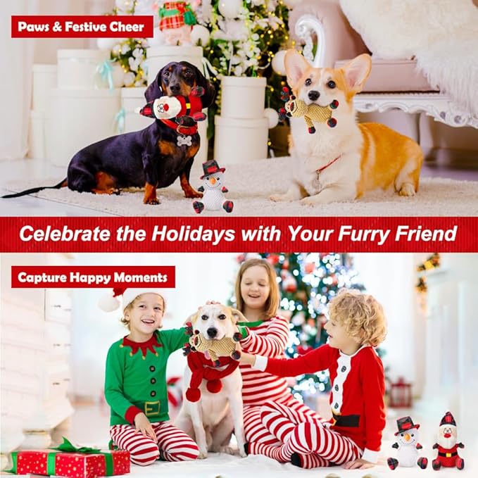 SZEE Christmas Dog Toys, 3 Pack Plush Squeaky Chew Toys for Medium & Big Dogs, Funny Dog Idea, Interactive Pet Playthings for Mental Stimulation - Santa, Reindeer, Snowman