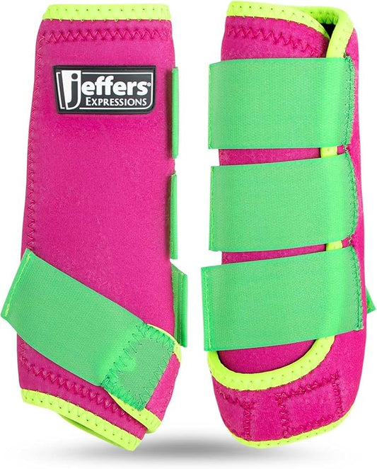 Jeffers Expression Neon Protective Horse Boots,1 Pair, Pink & Lime - Safe Neoprene Leg Guards, Durable Strap Closures, Front & Hind Support, Equestrian Accessories for Travel & Riding - Large