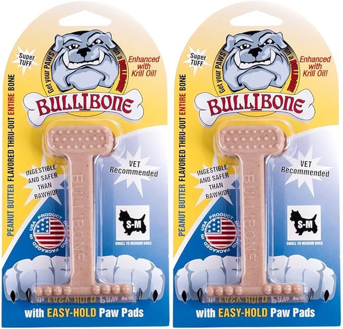 Bullibone Nylon Dog Chew Toy Nylon Bone - Improves Dental Hygiene, Easy to Grip Bottom, and Permeated with Flavor (Peanut Butter, Small - 2 Pack)