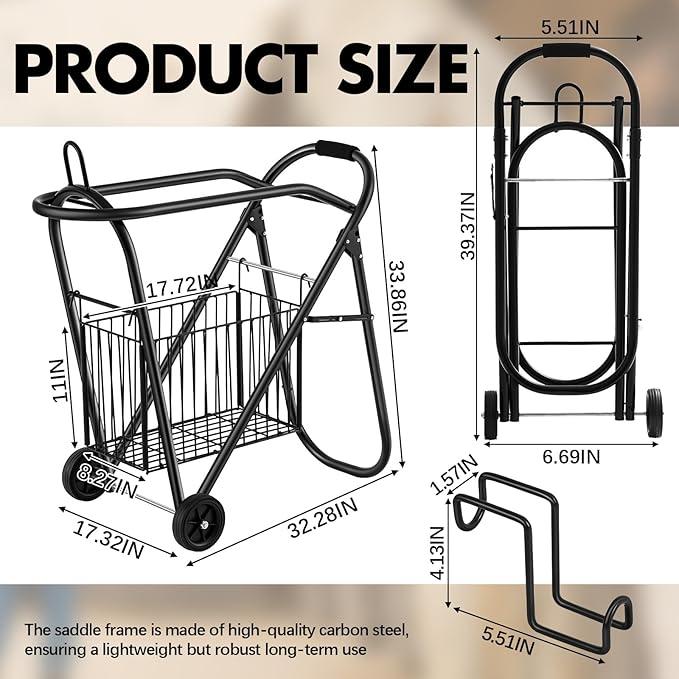 Horse Saddle Tack Cart with Wheels, Rolling Iron Heavy Duty Trailer Organizer with Hooks Foldable Horse Cinch Equipments Stable Storage Tool for Saddle Moving Transport Organizer Supplies