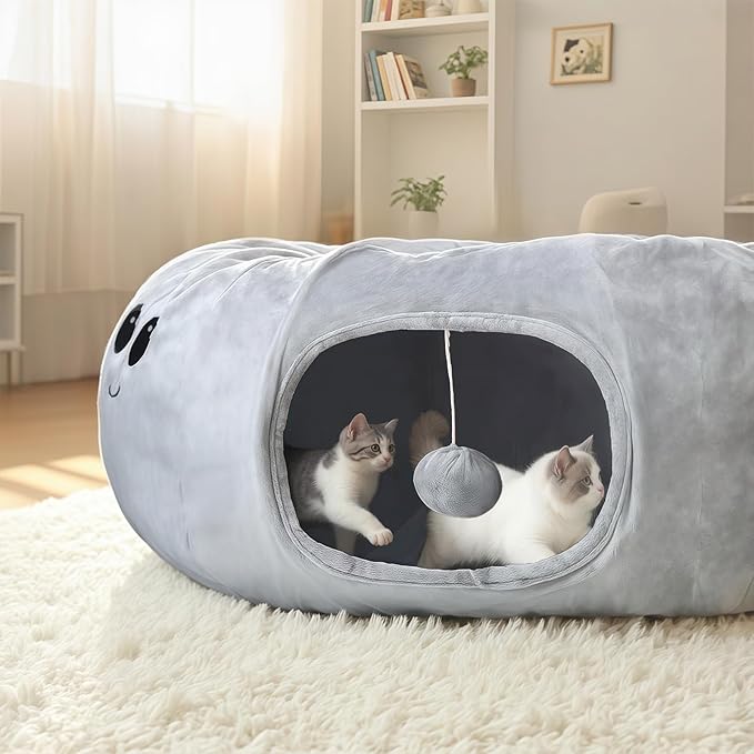Cat Tunnel Bed for Indoor Cats, Peekaboo Cat Cave Bed,Soft Cat Donut Tunnel for Kitten Large Cats, Cute Grey Octopus Shaped