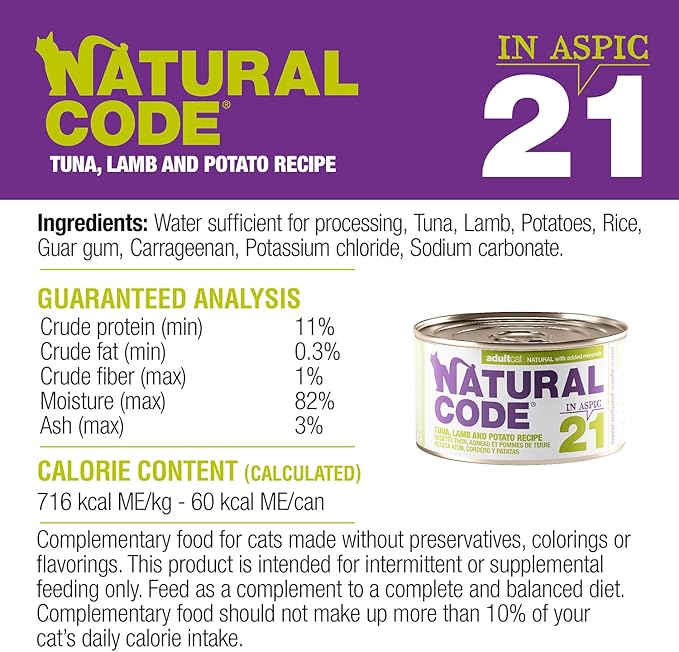 Natural Code Limited Ingredient Wet Cat Food Topper, High Protein, Low Fat, Additive-Free, Non-GMO, No Artificial Colors or Flavors, Tuna, Lamb & Potato in Aspic for Adult Cats, 24 Pack of 3oz Cans