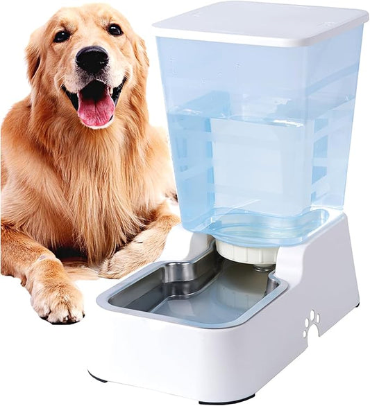 Meikuler Automatic Dog Cat Water Dispenser Large Capacity 5Lfor Cats and Medium and Large-Sized Dogs with Stainless Steel Bowl (White, 5L)