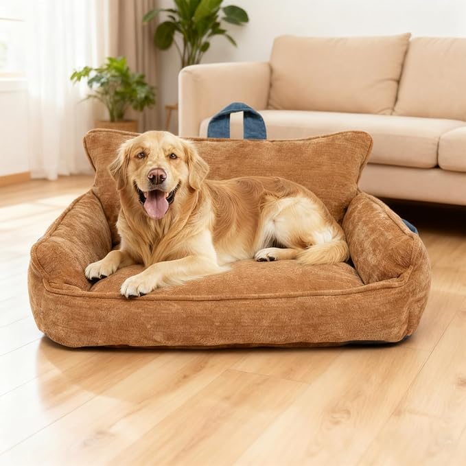Large Orthopedic Dog Sofa Bed with Sides, Carry Handle & Side Pockets .Plush Chenille Orthopedic Pet Bed Couch for Large Dogs.Portable Snuggler for Indoor Use, Travel & Recovery(Orange)