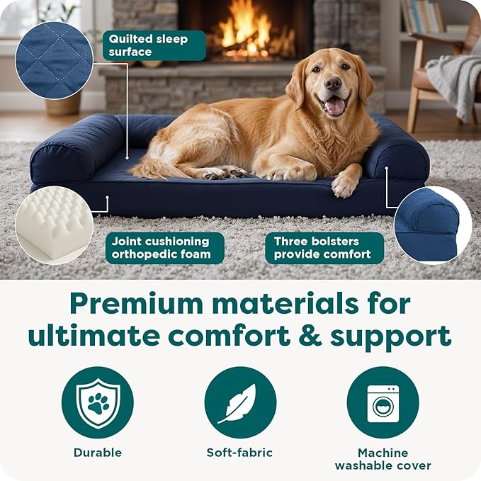 Furhaven Orthopedic Dog Bed for Large Dogs w/ Removable Bolsters & Washable Cover, For Dogs Up to 95 lbs - Quilted Sofa - Coffee, Jumbo/XL