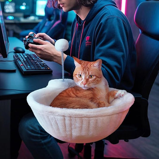 PAWZ Road Cat Bed for Desk, Large Cats Hammock with Plush Ball，12 Inches in Diameter,Space-Saving Cat Desk Bed, White Cats Hammock for Table Supports Up to 40lbs, Medium