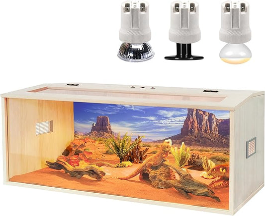 PROLEE Tempered Glass Bearded Dragon Tank,Wooden Reptile Tank and Lizard Tank, Large Bearded Dragon Enclosure with Built-in Lamp Fixture, Snake Tank (Wooden-Topped roof, 48inch,80 Gallons)