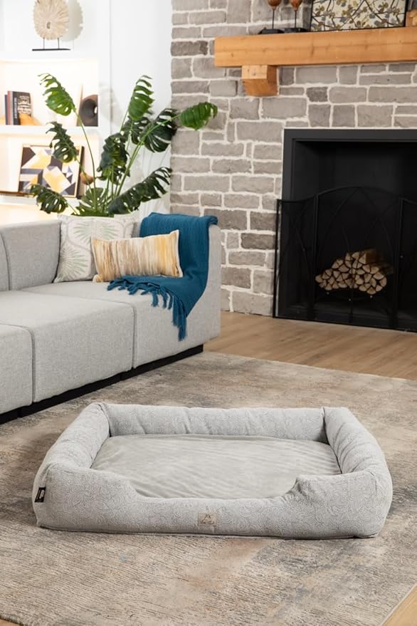 Furry's Paradise Cuddler Waterproof Bolster Pet Bed with Recycled Fibers and Non-Slip Bottom. (Gray Paisley, Small)