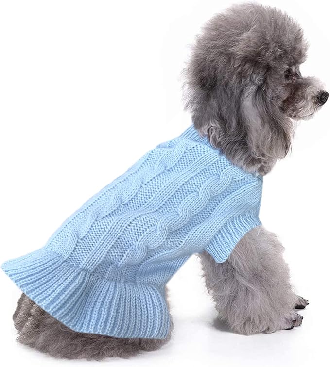 CHBORCHICEN Small Dog Sweaters Knitted Pet Cat Warm Dog Sweatshirt Winter Clothes Kitten Puppy Sweater (L, Dress-Light Blue)