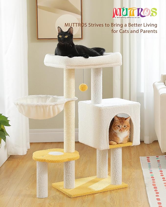 Cute Cat Tree - 35.4" Cloud Cat Tower for Indoor Cats w/Large Top Bed, Comfy Hammock for Kittens, Flower Platform, Cat Scratching Post, and Dangling Ball, White