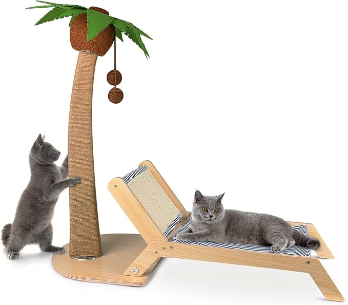 Cat Scratch Post with Lounge 2 in 1, 29.5 Inch Tall Palm Tree Cat Scratching Post for Indoor Cats, Sisal Rope Scratching Posts with Beach Chair for Cat Kitten Play and Rest
