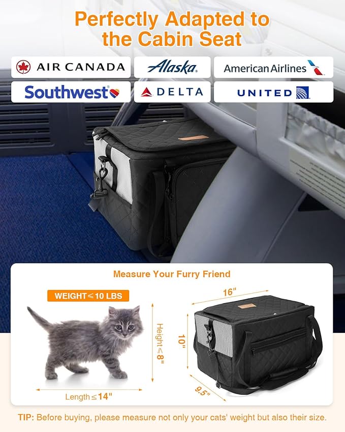 PETUX Collapsible Airline Approved Cat Carrier - 16" x 10" x 9.5", Double Anti-Escape, Small Pet Travel Bag for Small Cats Under 10 lb with Removable Snack Bag, Safety Buckle ＆ Leash - Black