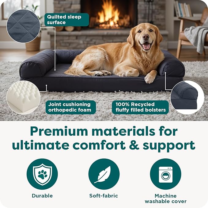 Furhaven Orthopedic Dog Bed for Large Dogs w/ Removable Bolsters & Washable Cover, For Dogs Up to 125 lbs - Quilted Sofa - Silver Gray, Jumbo Plus/XXL