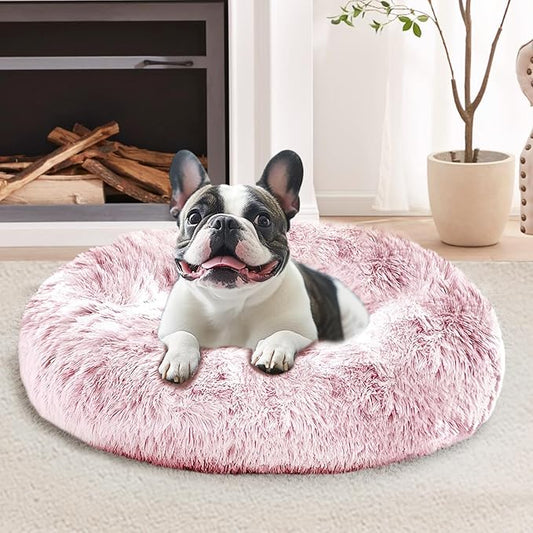 JOLLYVOGUE Calming Dog & Cat Bed for Small Dogs, Anti-Anxiety Donut Cuddler Cozy Soft Round Bed with Anti-Slip Bottom, Fluffy Faux Fur Plush Cushion Beds for Small Medium Dogs, 23"/Smoke Pink