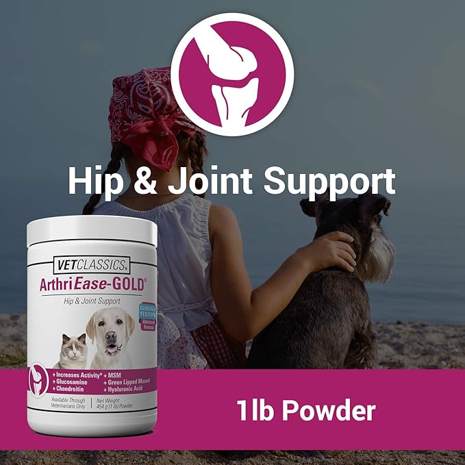 Vet Classics ArthriEase-Gold Hip & Joint Support for Dogs, Cats– Pet Health Supplement Powder – Alleviates Aches, Discomfort – For Flexibility, Healthy Joint Function – Antioxidants – 1 Lb.