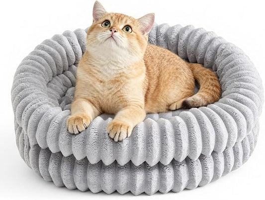Fluffy Cat Beds for Indoor Cats, Washable Round Orthopedic Kitten Bed, Ultimate Soft Fuzzy Pet Bed for Small Dogs with Non-Slip Bottom, 19.7x19.7x6.3 in, Gray