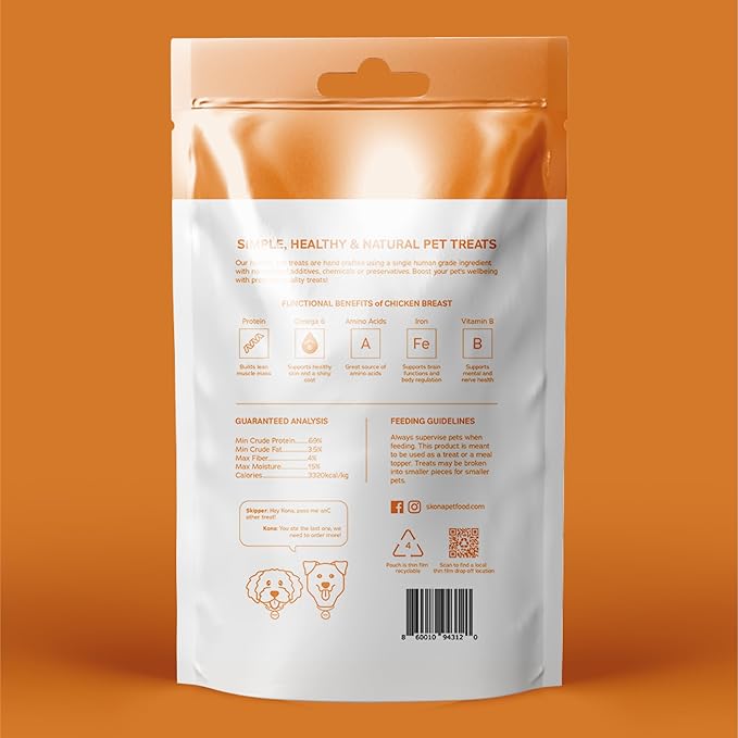 Skona PetFood Chicken Breast Jerky Dog Treats & Cat Jerky Treats, High Protein, Single-Ingredient Training Snacks, Vitamin-Rich, USA Made, Supports Heart, Eye & Dental Health, Healthy & Tasty, 4oz