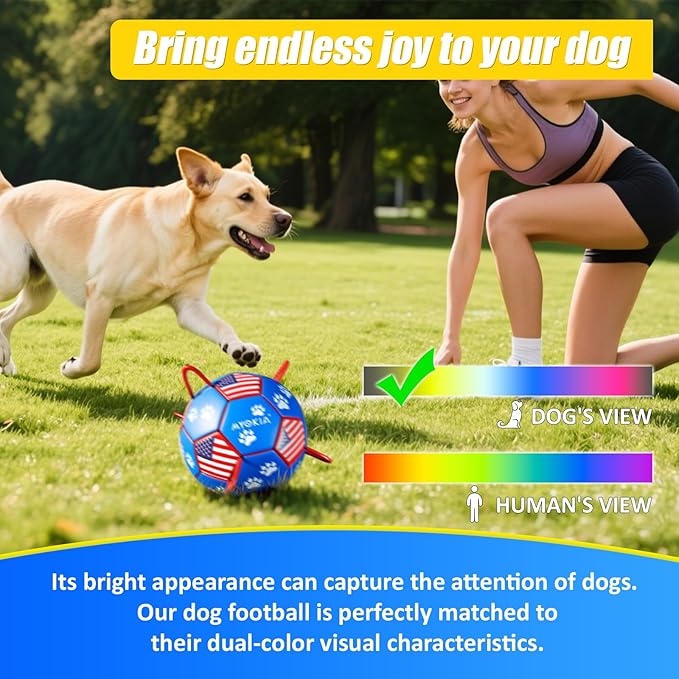 Size 2 Dog Soccer Ball with Straps Durable Training Ball for Pets Interactive Outdoor Dog Toy, Blue & Red, Paw Prints Flag Design, for Small to Medium Puppies, Pet Supplies