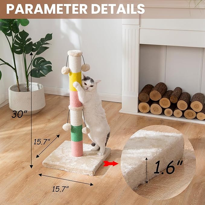 LUCKITTY 30 Inch High Cat Scratching Post with 4 Plush Teasing Toy Balls, Natural Sisal Rope Post and Thickened Base, Red Green Yellow White