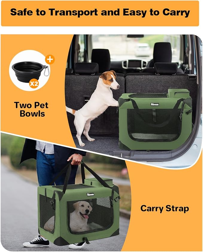 Extra Large Dog Crate with 2 Foldable Bowl, 28 Inch Collapsible Travel Dog Crate Kennel with Soft Blanket for Medium Dogs,Indoor & Outdoor (28" L x 20" W x 20" H, Green)