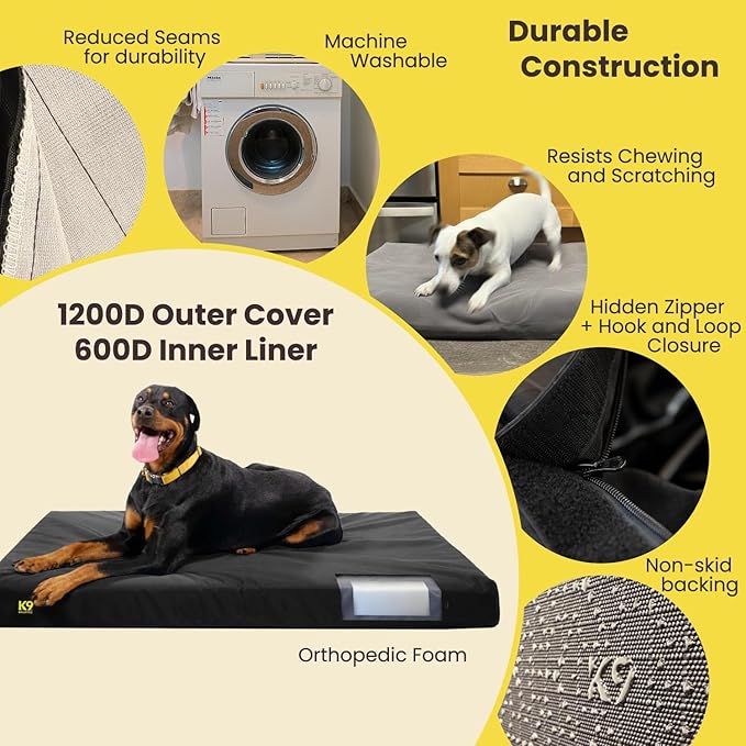 K9 Ballistics Tough Ripstop Orthopedic Rectangle Dog Bed Removable Washable Cover, Solid Orthopedic Foam for Size XXL Giant Big Dogs 68"x40", Sandstone