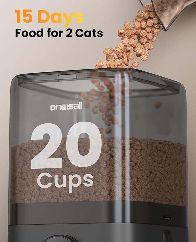 oneisall Cordless WiFi Automatic Cat Feeders 2 Cat, Rechargeable 100-Day Battery Operated Timed Cats Feeder, 20 Cups/5L Cats Food Dispenser Automatic for Large Kibble, Smart App Control.