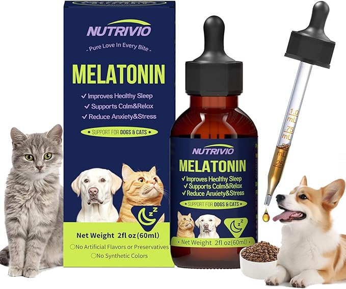 Liquid Melatonin for Dogs Melatonin Drops for Dogs & Cats,Dog Sleep Aid,Calming for Dogs Reduce Cat Stress Restful Sleep Formula with Vitamin B/D/C Bacon Flavor 2 fl oz (60 mL)