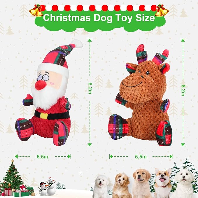 Christmas Dog Toys,2 Packs of Cute Santa Claus and Reindeer Shapes,Squeaky Plush Interactive Chew Pet Toys,Gifts for Small Medium and Large Dogs