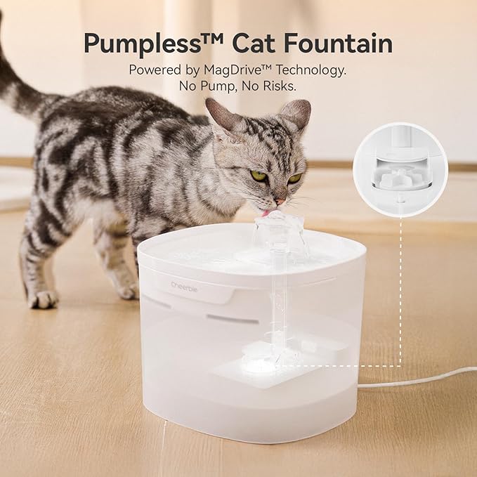 Cheerble Pumpless Cat Water Fountain, 2L/67oz Automatic Pet Fountain, Elfin E1 Lite Cat Fountain for Drinking, MagDrive™ Technology, Continuous Flow Mode, BPA-Free (White, E1 Lite)