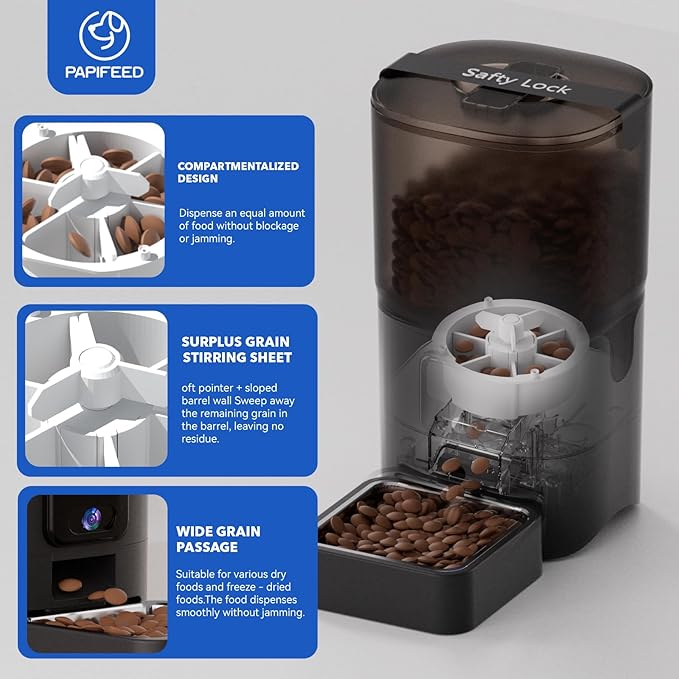 PAPIFEED Automatic Cat Feeder,Camera 1080P HD - 6L Pet Feeder, 2.4/5G WiFi Smart App Control, Bluetooth Assist Link,Wide-Angle Lens,Automatic Feeder for Small and Medium-Sized Pets (Wide Angle Video)