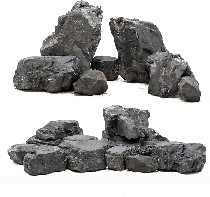 Unocho Aquarium Slate Rocks 10lb Fish Tank Stones Black Rocks for Aquarium Aquascaping Fish Tank Decoration Reptile Basking Platforms Paludarium Bonsai Vivariums(3"-7"-7pcs)