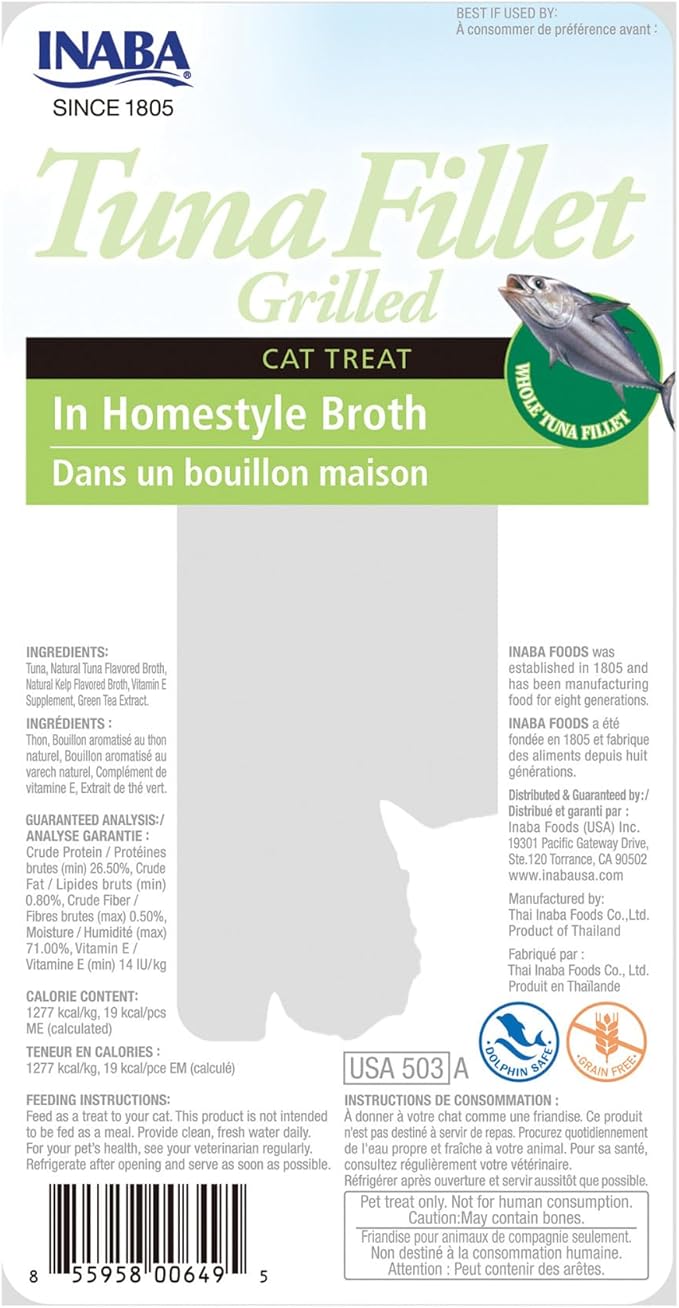 INABA Premium Hand-Cut Grilled Tuna Fillet Cat Treats/Topper with Vitamin E and Green Tea Extract, 0.52 Ounces Each, Pack of 6, Homestyle Broth