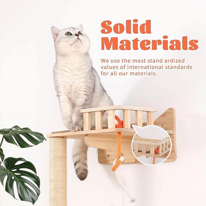 KVIDA Cat Wall Shelves for Large Cats – 7PCS Solid Wood Wall-Mounted Cat Tree with 3 Sisal Posts, Wide Perches & Lookout Tower, Space-Saving Climbing Furniture for Indoor Homes