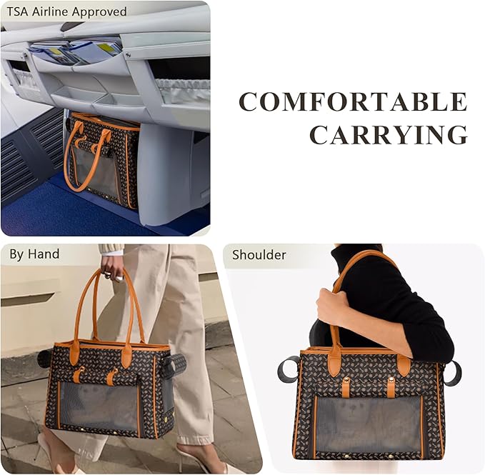 Minsong Fashion Pet Carrier Purse for Small Cat and Dog, Luxury Pu Soft-Sided Tote Bag with Large Pockets for Dogs and Puppies (Coffee, 15.8" L x 7.5" W x 11.8" H)
