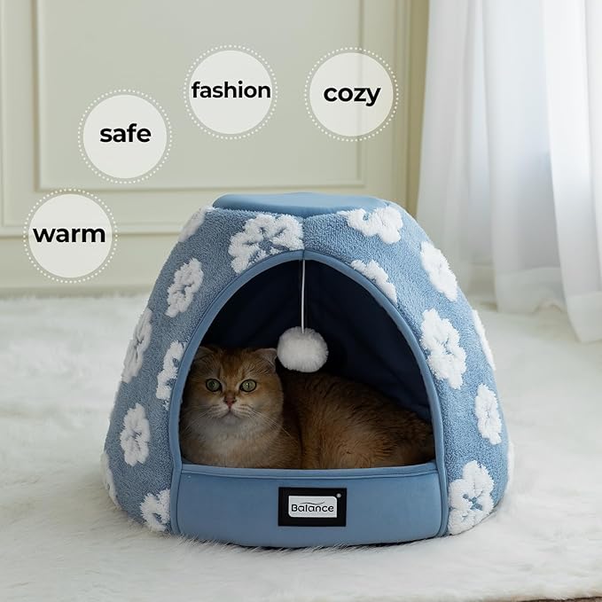 BALANCE Cat Beds for Indoor Cats, 2-in-1 Cat Bed Cave with Anti-Slip Bottom and Ultra-Soft Plush, Cozy Cats House Tent for Kittens and Small Dogs, 21 Inches, Blue