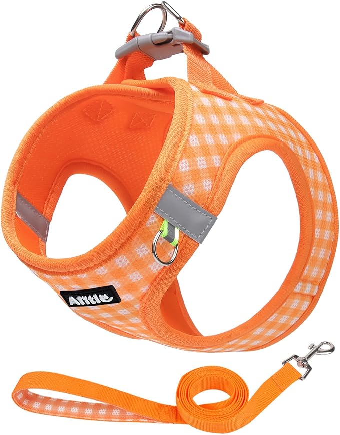AIITLE Plaid Print Dog Harness Set – Lightweight, Reflective & Adjustable Vest Harness for Puppies – Perfect for Boston Terriers, Maltese & Indoor/Outdoor Use (XS, Orange)