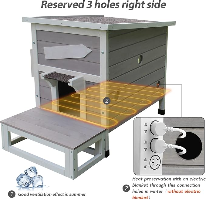 Rockever Outdoor Cat House, Large Outdoor Houses for Feral Cats with Self-Warming Mat Wooden Outside Cat Shelter Weatherproof with Escape Door